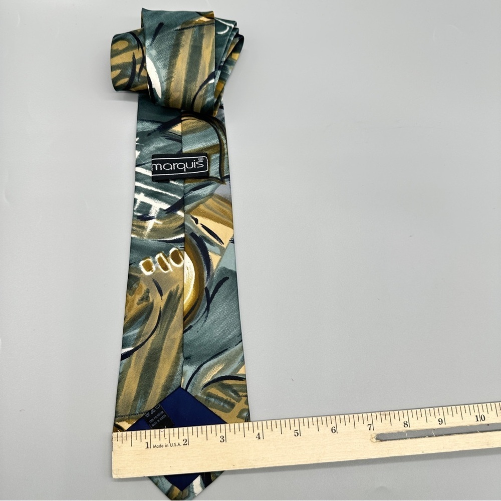 Vintage Marquis Abstract Print Tie – Teal Gold Gray Geometric Polyester Necktie - Picture 4 of 5
